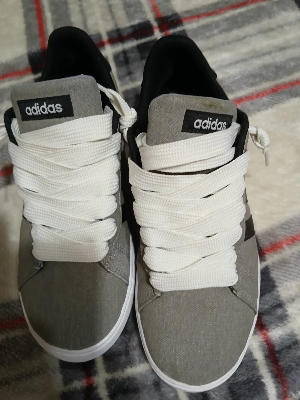 Adidas Daily 2.0, Grey with Black Stripes and Custom Fat White Laces